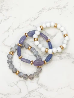 Grey Stone & Wood Beaded Stretch Bracelet Set