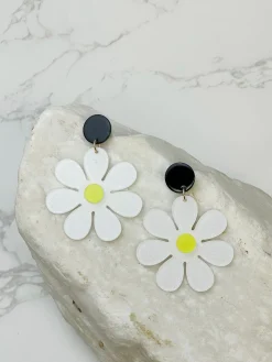 Groovy Glitter Flower Dangle Earrings - White