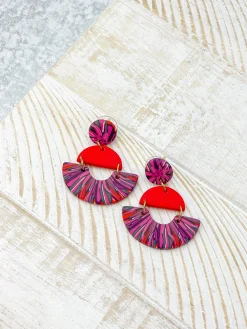 Half Moon Clay Dangle Earrings - Red Multi