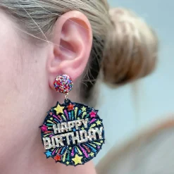 'Happy Birthday' Fireworks Glitter Dangle Earrings