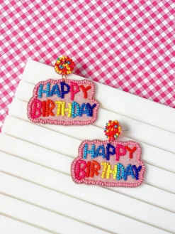 'Happy Birthday' Seed Bead Embroidered Dangle Earrings