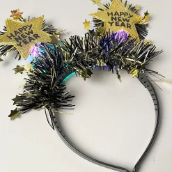 'Happy New Year' Star Glitter Light-Up Gold & Black Headband