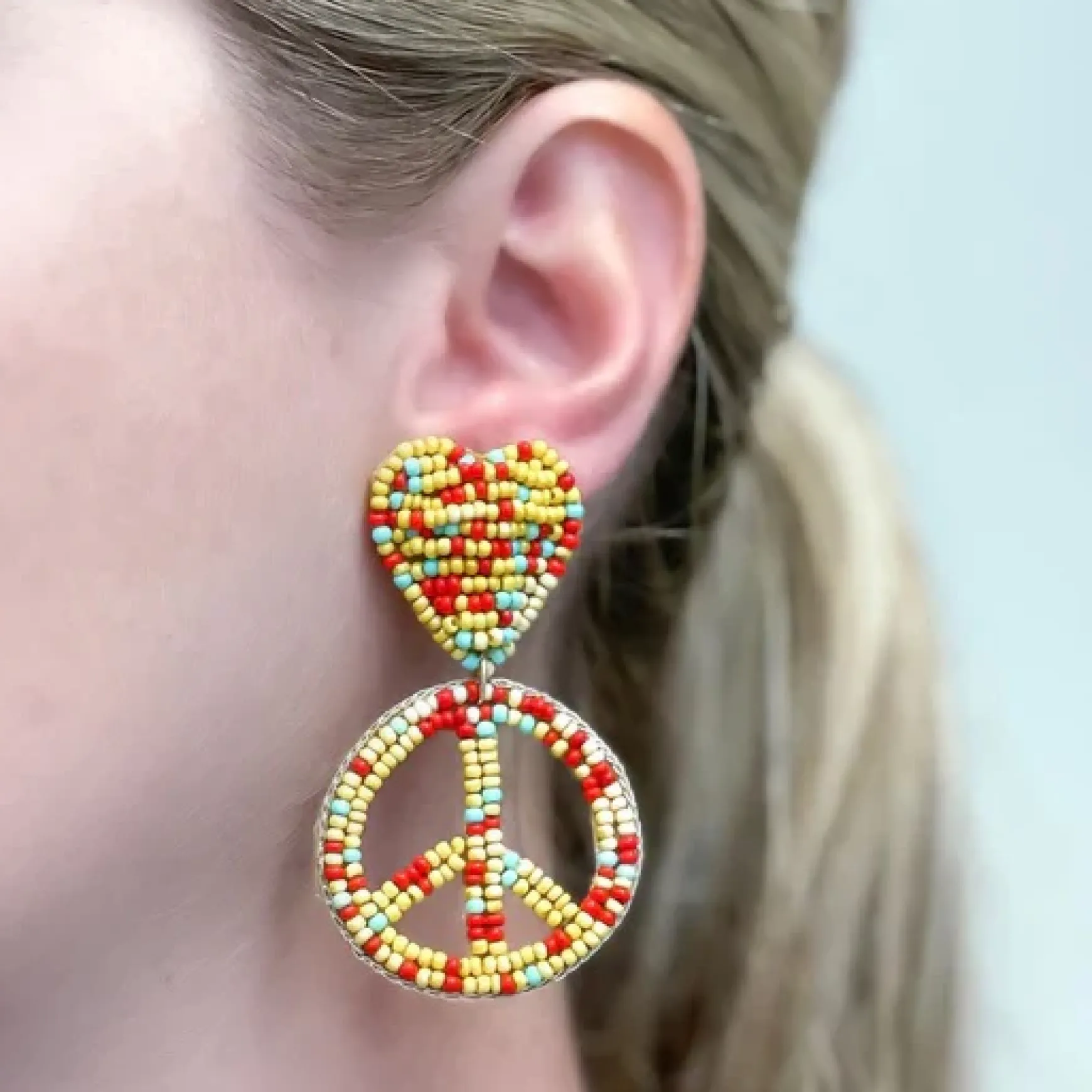 Heart & Peace Sign Beaded Dangle Earrings