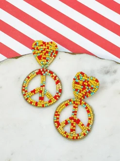 Heart & Peace Sign Beaded Dangle Earrings