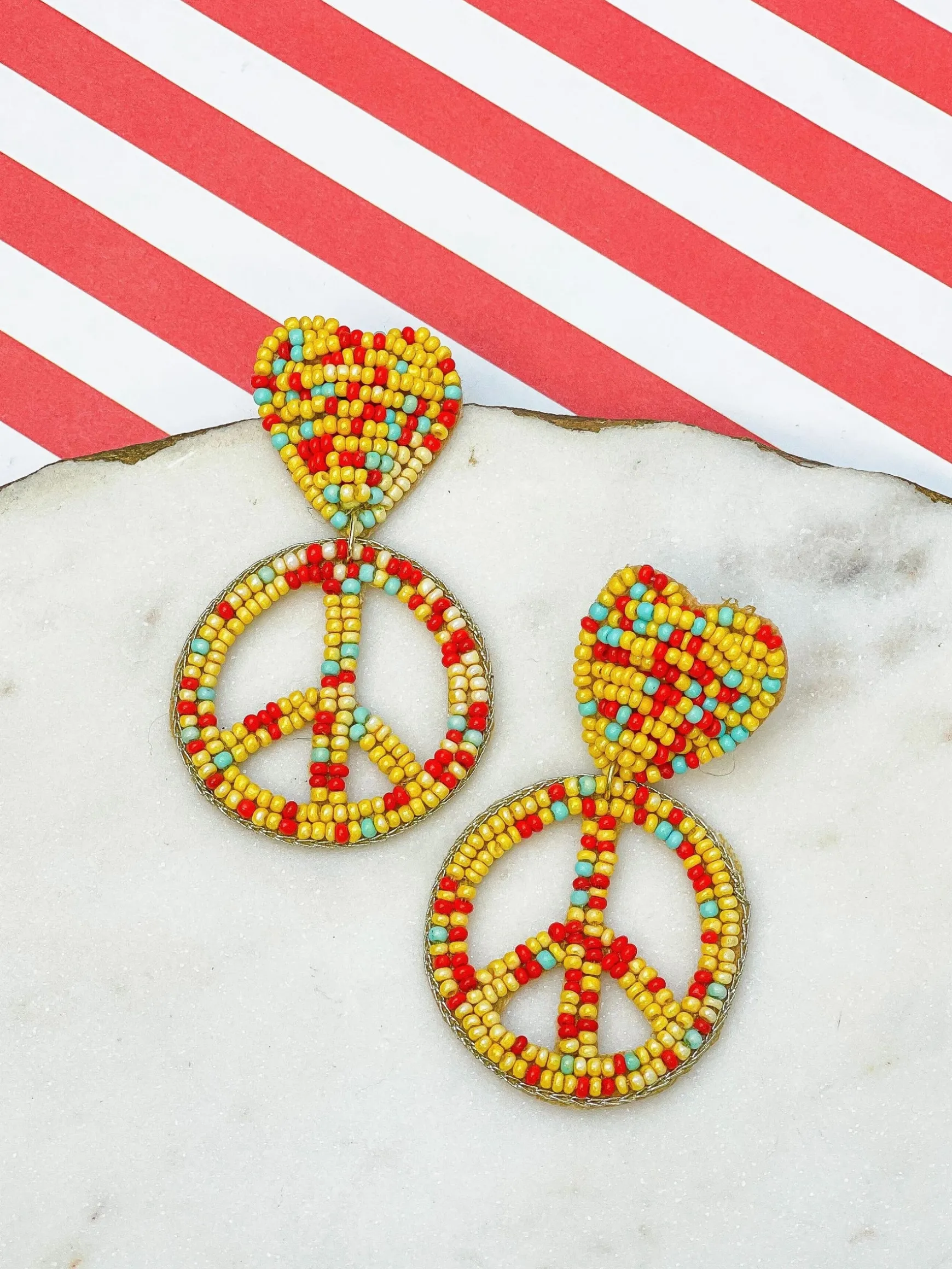 Heart & Peace Sign Beaded Dangle Earrings