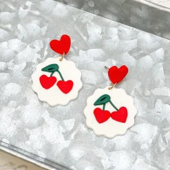 Heart Cherry Clay Dangle Earrings - White & Red