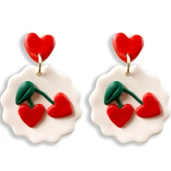 Heart Cherry Clay Dangle Earrings - White & Red
