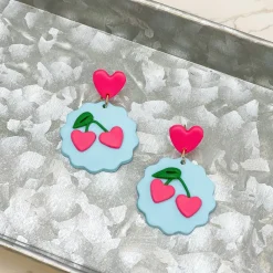 Heart Cherry Clay Dangle Earrings - Blue & Pink