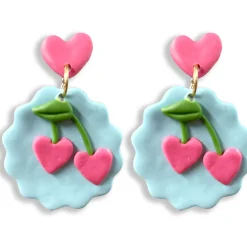 Heart Cherry Clay Dangle Earrings - Blue & Pink