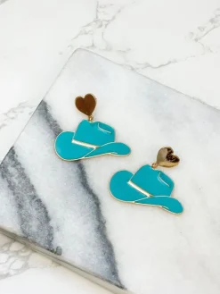 Heart Cowboy Hat Enamel Dangle Earrings - Blue