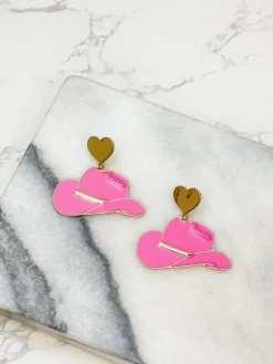 Heart Cowboy Hat Enamel Dangle Earrings - Pink