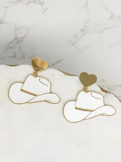 Heart Cowboy Hat Enamel Dangle Earrings - White