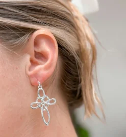 Heart Cross Dangle Earrings - Silver