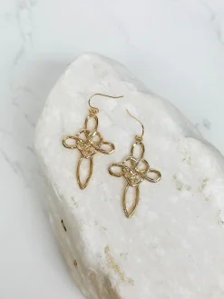 Heart Cross Dangle Earrings - Gold