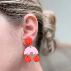 Heart Dangle Arch Earrings - Pink