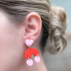 Heart Dangle Arch Earrings - Red
