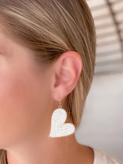 Heart Drop Beaded Dangle Earrings - White