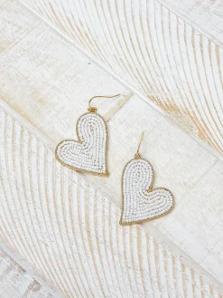 Heart Drop Beaded Dangle Earrings - White