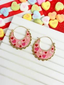 Heart Enamel Scallop Hoop Earrings - Pink