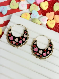 Heart Enamel Scallop Hoop Earrings - Jet