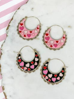 Heart Enamel Scallop Hoop Earrings - Jet