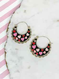 Heart Enamel Scallop Hoop Earrings - Jet
