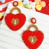 Heart Locket Beaded Dangle Earrings - Red