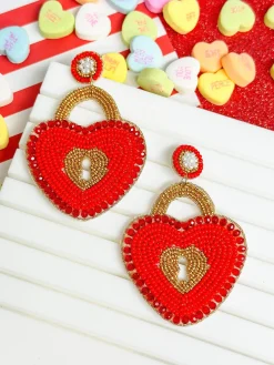 Heart Locket Beaded Dangle Earrings - Red
