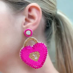 Heart Locket Beaded Dangle Earrings - Pink