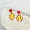 Heart Post Softball Dangle Earrings