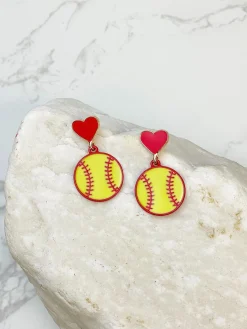 Heart Post Softball Dangle Earrings