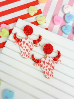 Heart Printed Long Horn Wood Dangle Earrings