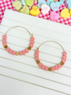 Heart-Bead Chevron Hoop Earrings - Pink