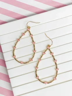 Heart-Studded Teardrop Dangle Earrings - Pink