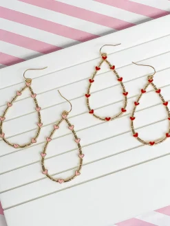Heart-Studded Teardrop Dangle Earrings - Pink