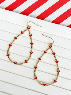 Heart-Studded Teardrop Dangle Earrings - Red