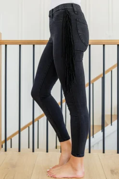 Hilary Side Fringe Skinny Jegging In Black by Judy Blue