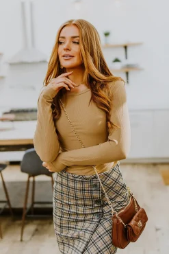 Hold Me Tight Ribbed Long Sleeve Top In Tan