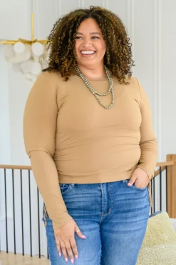 Hold Me Tight Ribbed Long Sleeve Top In Tan