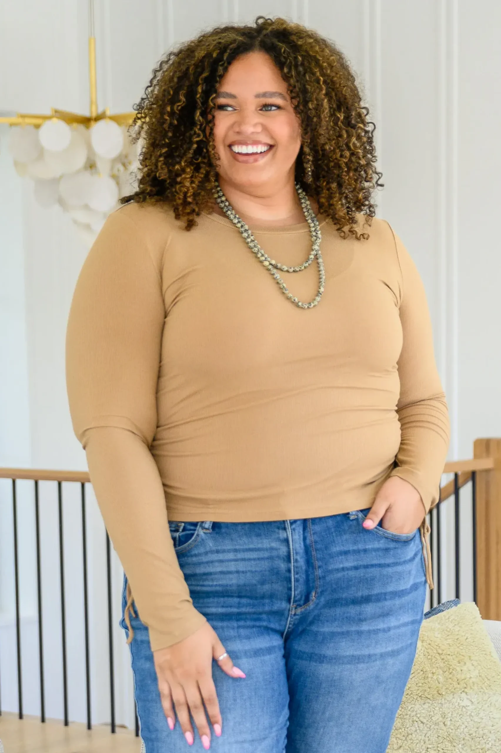 Hold Me Tight Ribbed Long Sleeve Top In Tan