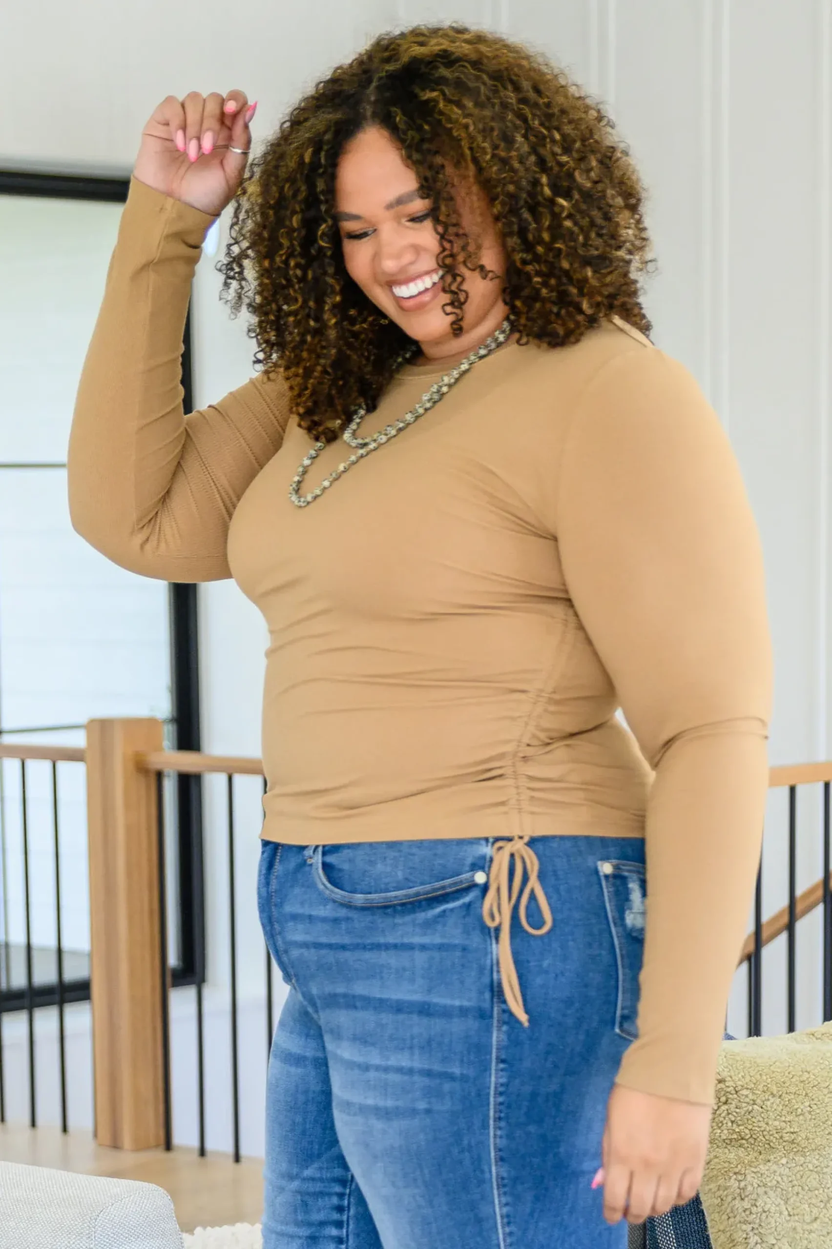 Hold Me Tight Ribbed Long Sleeve Top In Tan