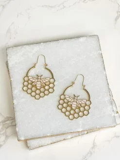 Honeycomb Metal Dangle Earrings - Gold