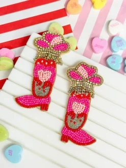 Hot Pink Cowgirl Boot Beaded Dangle Earrings