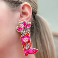 Hot Pink Cowgirl Boot Beaded Dangle Earrings