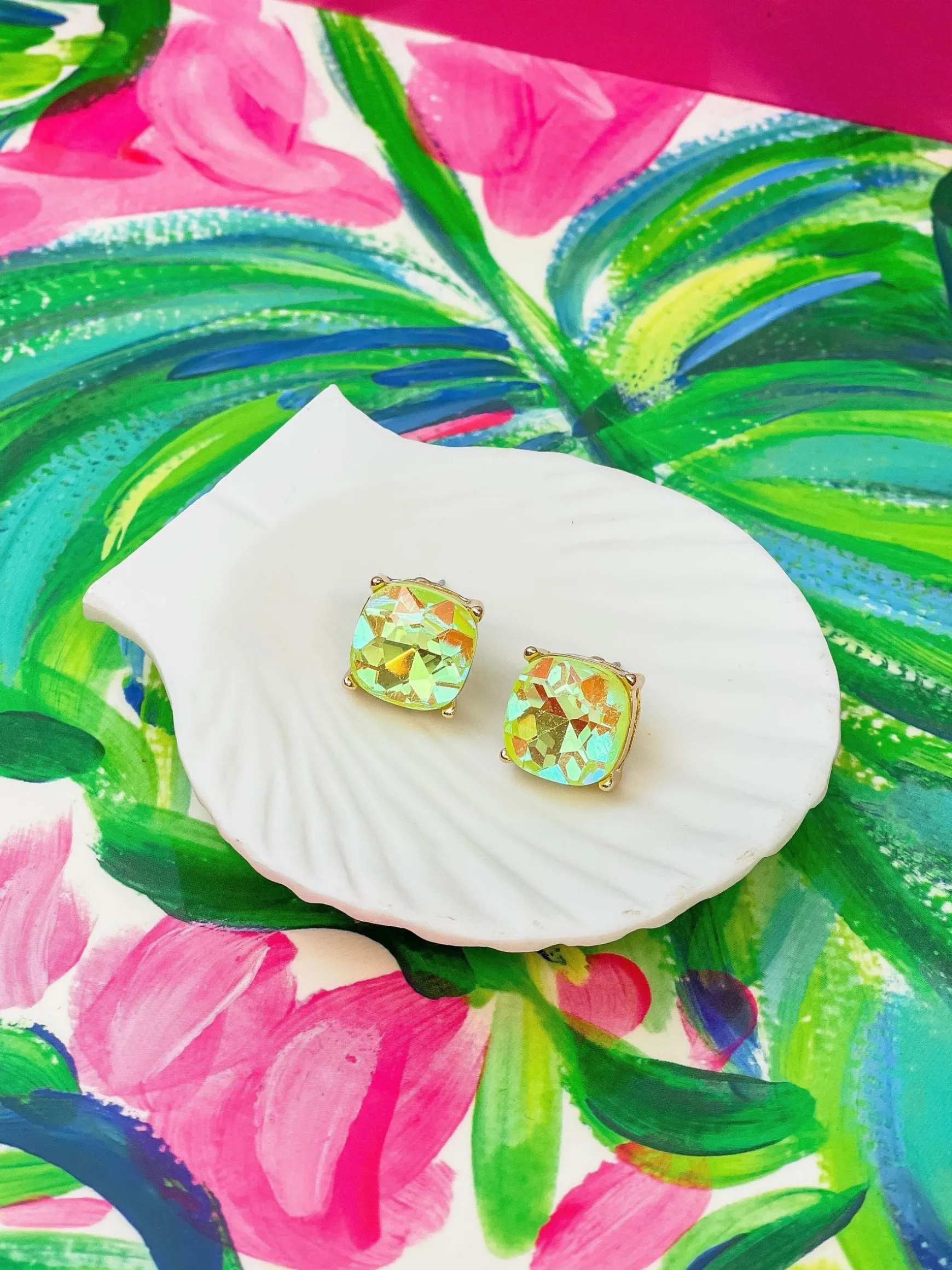 Iridescent Glass Crystal Stud Earrings - Yellow