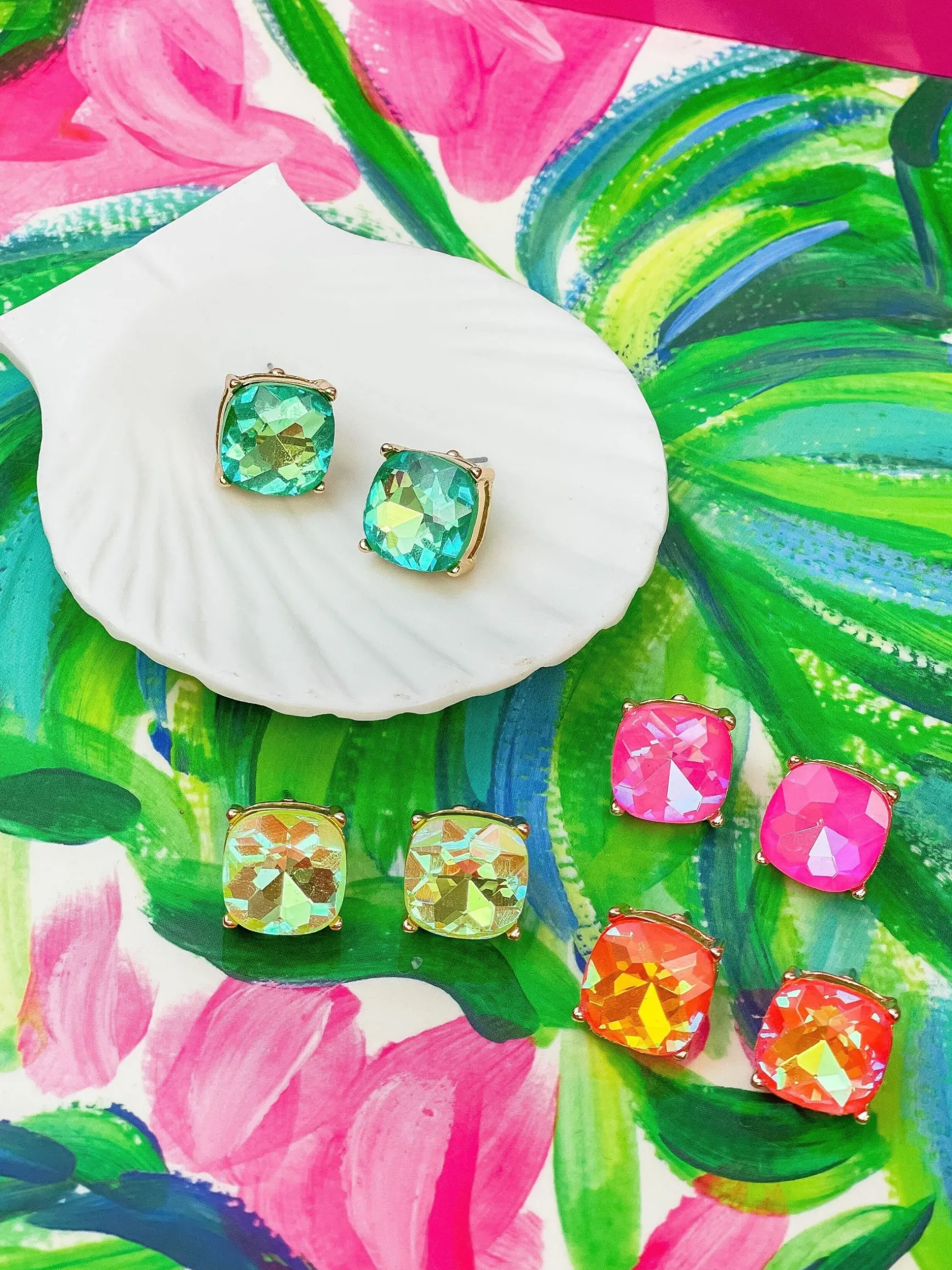 Iridescent Glass Crystal Stud Earrings - Yellow