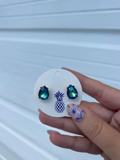 Iridescent Teardrop Glass Crystal Stud Earrings - Mermaid Blue