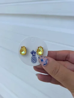 Iridescent Teardrop Glass Crystal Stud Earrings - Yellow