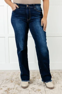 Jacqueline Mid Rise Frayed Hem Straight Leg Jean by Judy Blue