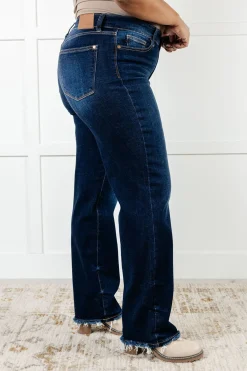 Jacqueline Mid Rise Frayed Hem Straight Leg Jean by Judy Blue